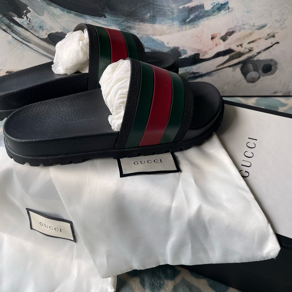 Gucci Striped Slides in Black with Red and Green - Picture 2 of 6